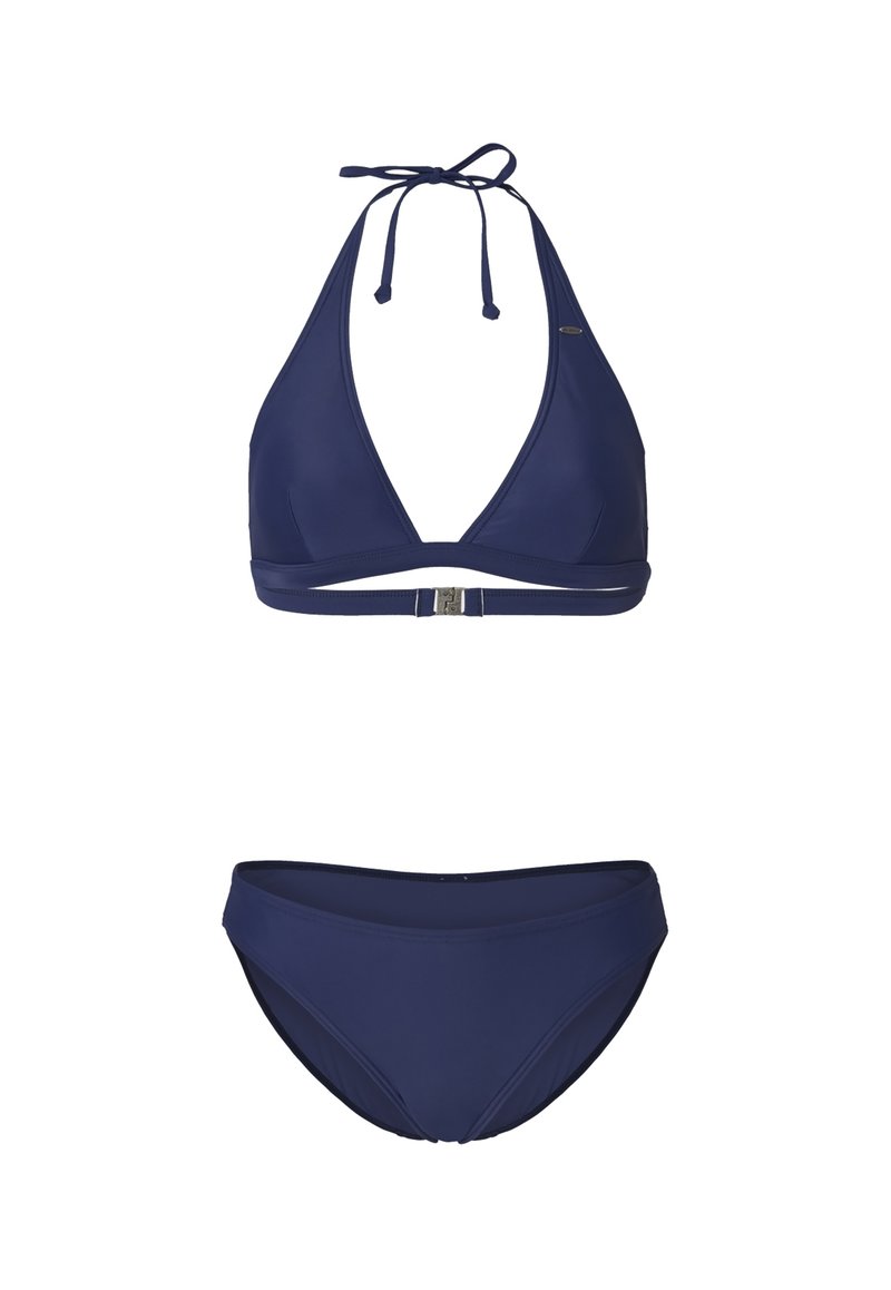 Marineblaues Bikini-Set mit einem dreieckigen Haltertop mit Bindebändern und passenden, mittelhohen Bikinislips. Aus glattem, leichtem Material mit minimalen Akzenten.
