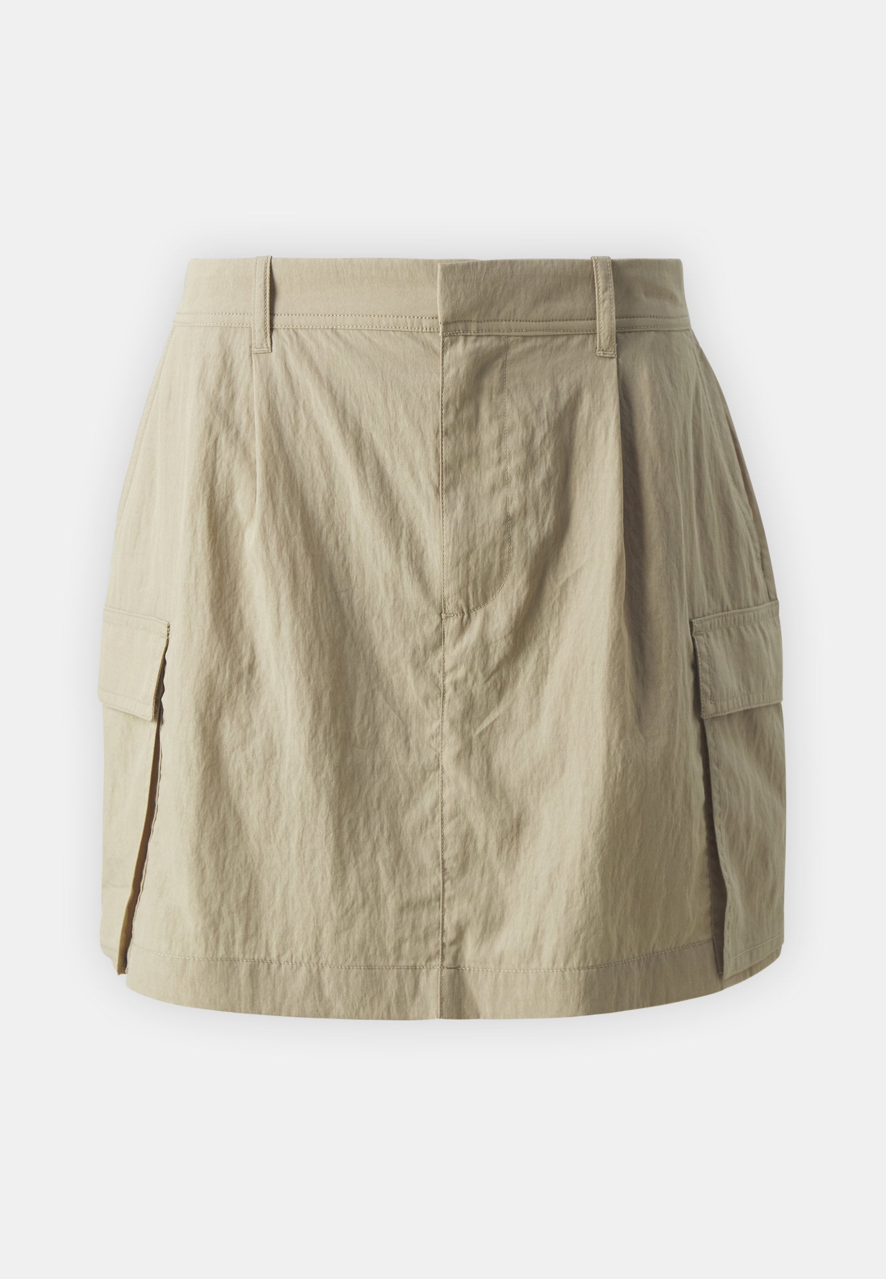 Khakifarbenen Cargo-Rock mit ausgestellter Silhouette, seitlichen Taschen, glatter Textur und einem Reißverschluss hinten. Verstellbarer Taillenbund.