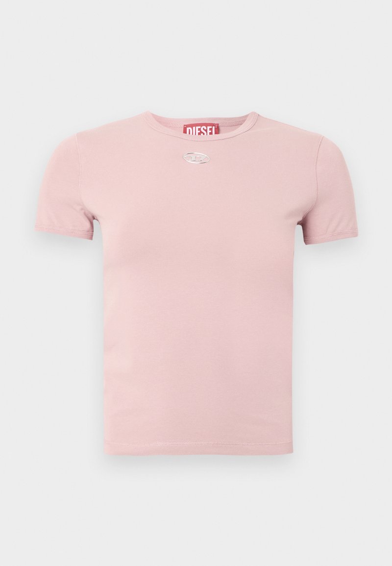 Hellrosa kurzärmliges Diesel-T-Shirt mit Rundhalsausschnitt und kleiner silberner Logoplatte mittig unter dem Halsausschnitt.
