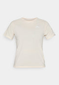 Helle beige Kurzarm-T-Shirt mit rundem Halsausschnitt und einem dezenten weißen dreieckigen Logo auf der Brust. Weiche Stoffqualität mit glatter Textur.