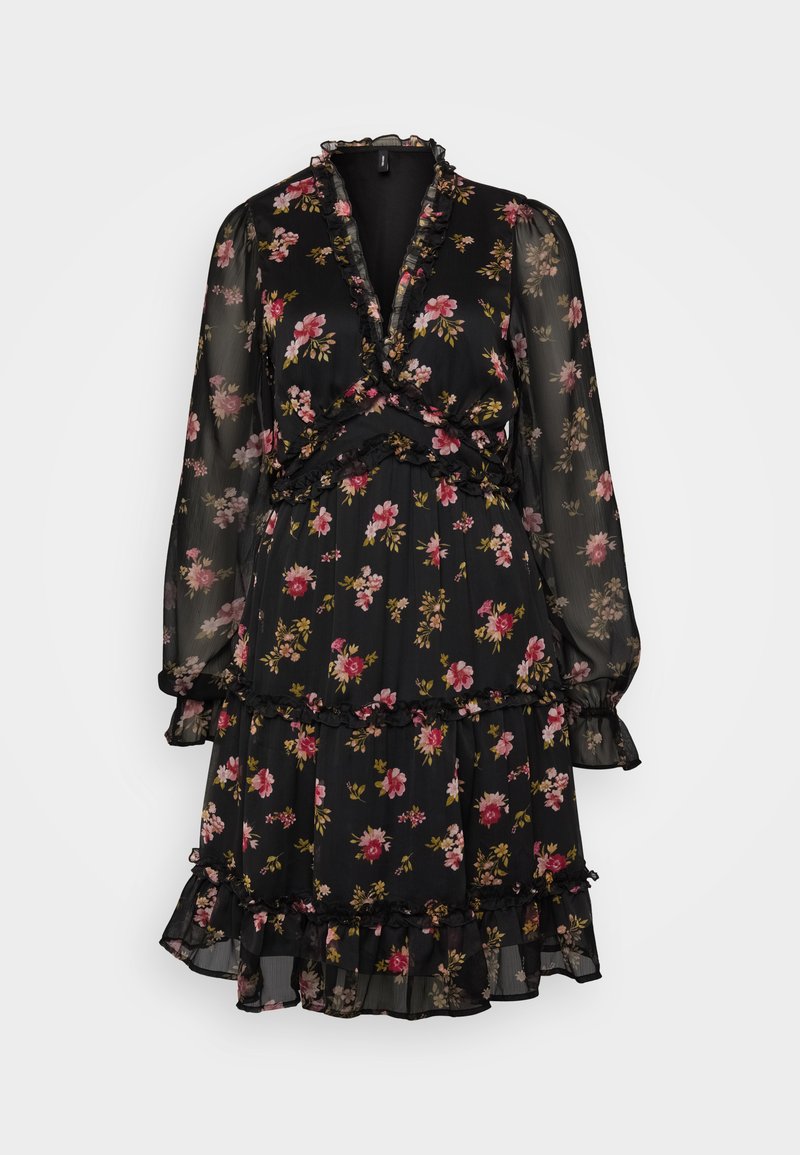 Schwarzes Blumenmuster-Kleid aus transparenter Stoff, mit langen Ärmeln, Rüschendetails, gestuften Lagen und einem Wickeldesign mit rosa und gelben Blumen.