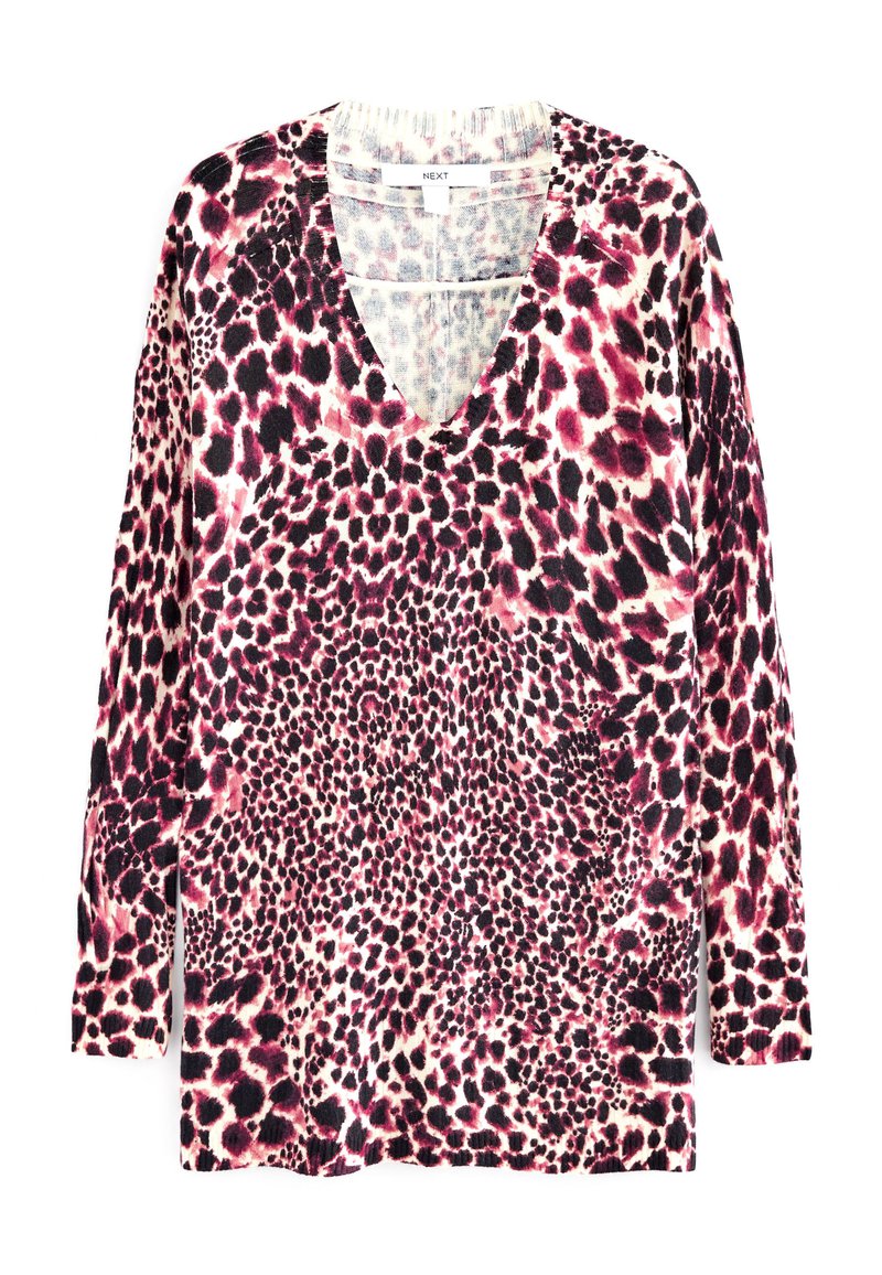 V-Ausschnitt Pullover mit langen Ärmeln, versehen mit einem Leopardenmuster in verschiedenen Rosa-, Schwarz- und Cremetönen. Weiches Material mit gerippter Textur.