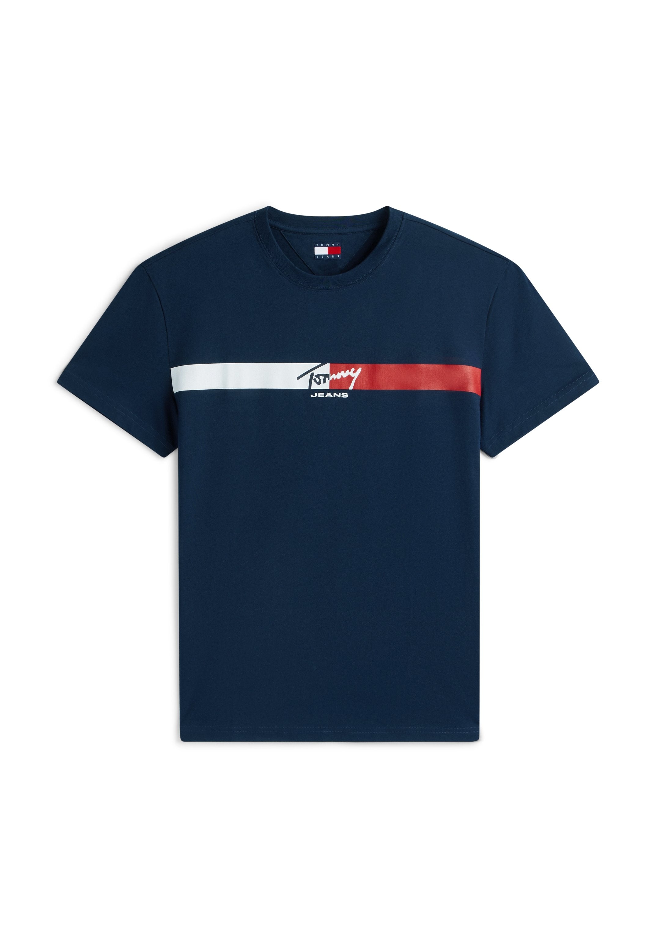 Marineblaues T-Shirt mit kurzen Ärmeln, weißen und roten horizontalen Streifen und "Tommy Jeans"-Logo auf der Brust.