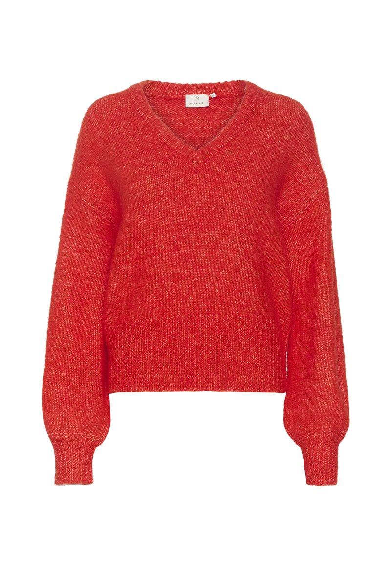 Roter Strickpullover mit V-Ausschnitt, überschnittenen Schultern und gerippten Bündchen. Das Material wirkt weich mit einer leicht strukturierten Oberfläche. Verkürztes Design.