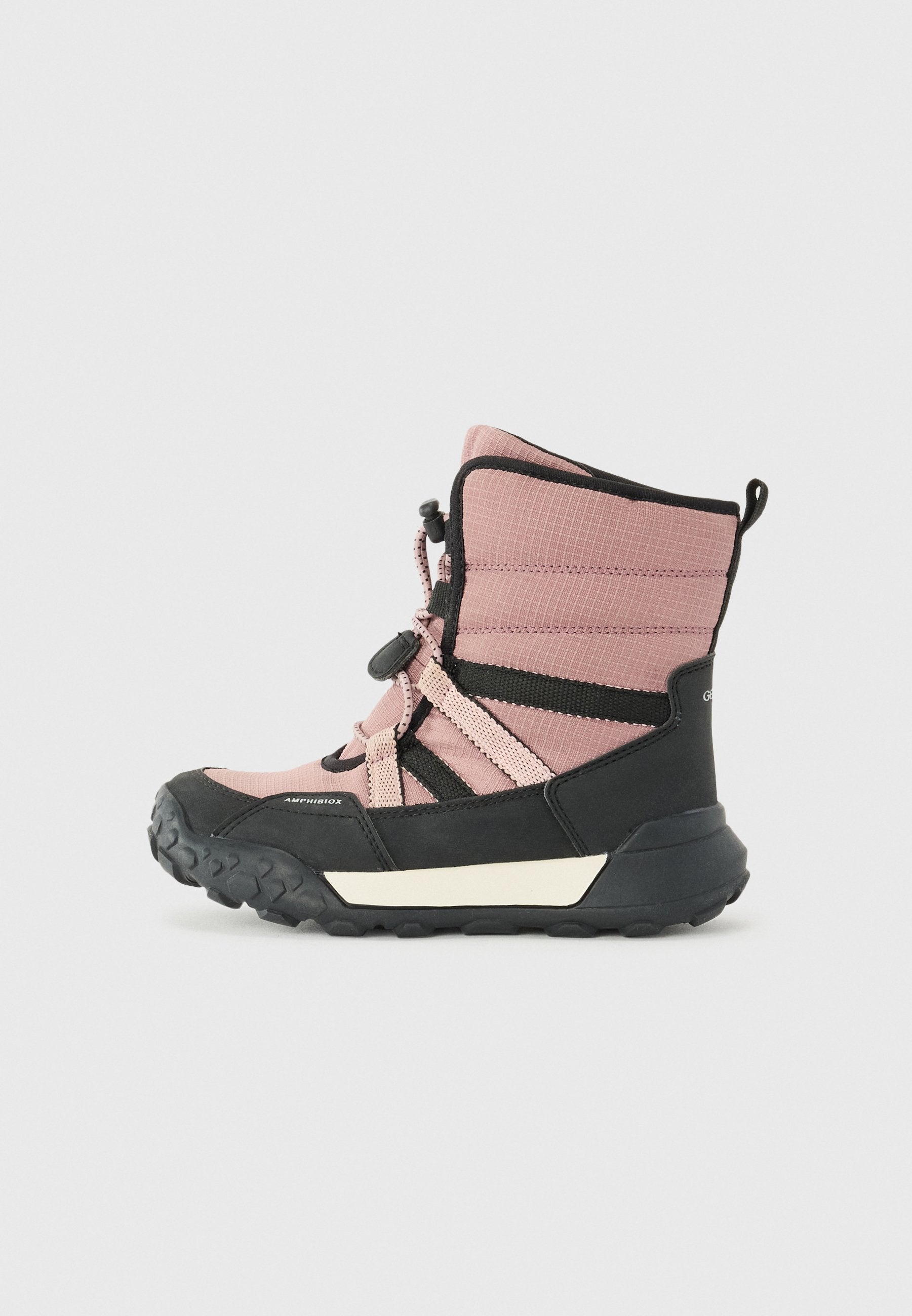 Die pinken und schwarzen wasserdichten Stiefel verfügen über ein strukturiertes Obermaterial, verstellbare Schnürsenkel und eine robuste Sohle mit einem ausgeprägten Profil.