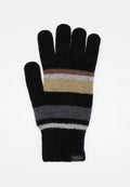 Schwarzer Strickhandschuh mit einem gerippten Bündchen; verfügt über horizontale Streifen in Braun, Grau und Creme. Weiche Textur, Standard-Design mit fünf Fingern.