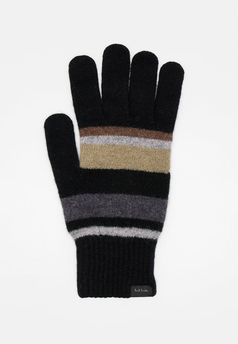 Schwarzer Strickhandschuh mit einem gerippten Bündchen; verfügt über horizontale Streifen in Braun, Grau und Creme. Weiche Textur, Standard-Design mit fünf Fingern.