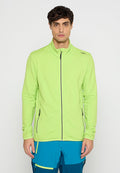 Grüne Zip-Jacke aus strukturiertem Stoff, mit Seitentaschen und hohem Kragen. Der Reißverschluss hat einen kontrastierenden schwarzen Pull.