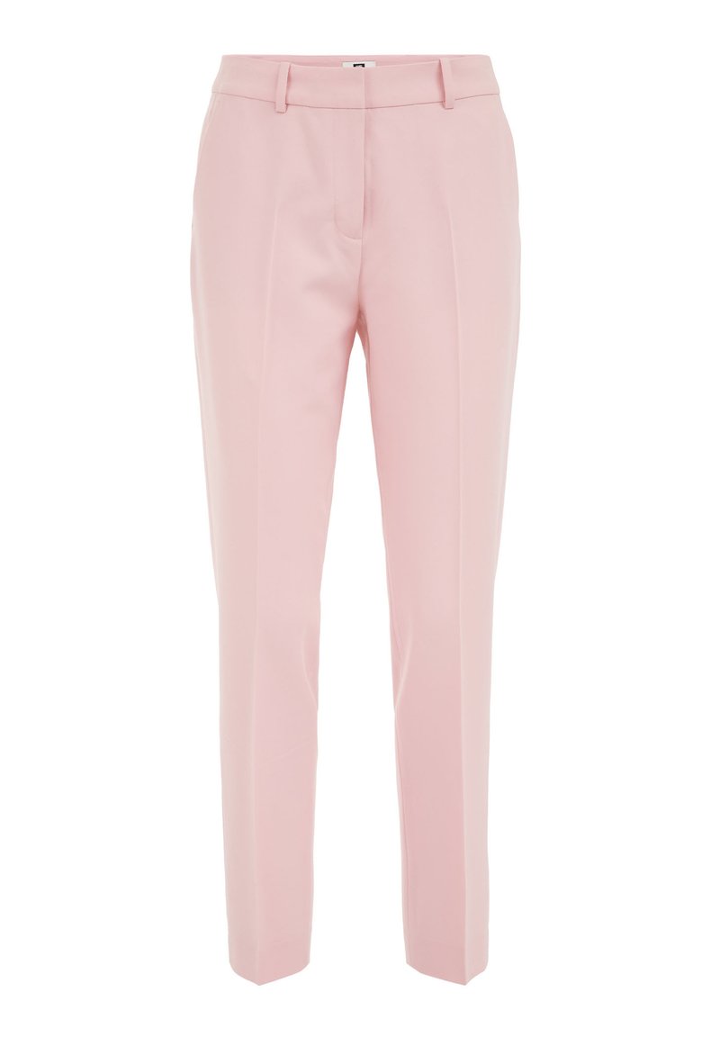 Hellrosa maßgeschneiderte Hose aus glattem Stoff, mit geradem Schnitt, Gürtelschlaufen und lässigen Falten auf der Vorderseite für einen strukturierten Look.