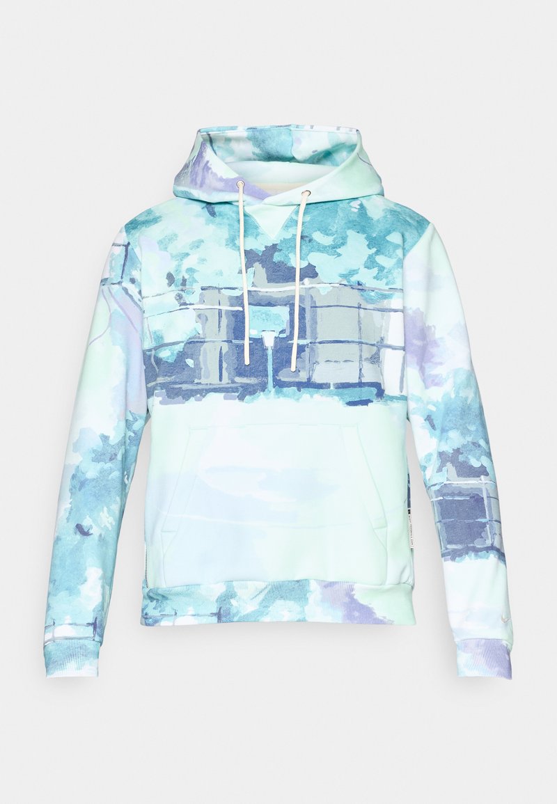 Hoodie in Pastellfarben mit einem Aquarellmuster. Mit einer Fronttasche und weißen Kordeln. Hergestellt aus weichem Stoff.