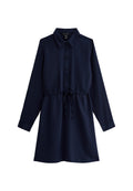 Marineblaues langärmliges Hemdkleid mit Kragen, Knopfleiste und verstellbarem Kordelzug in der Taille.