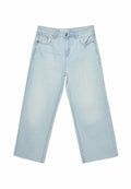 Hellblaue weit geschnittene Jeans aus Denim, mit hoher Taille, fünf Taschen-Design und einem leicht ausgewaschenen Finish.