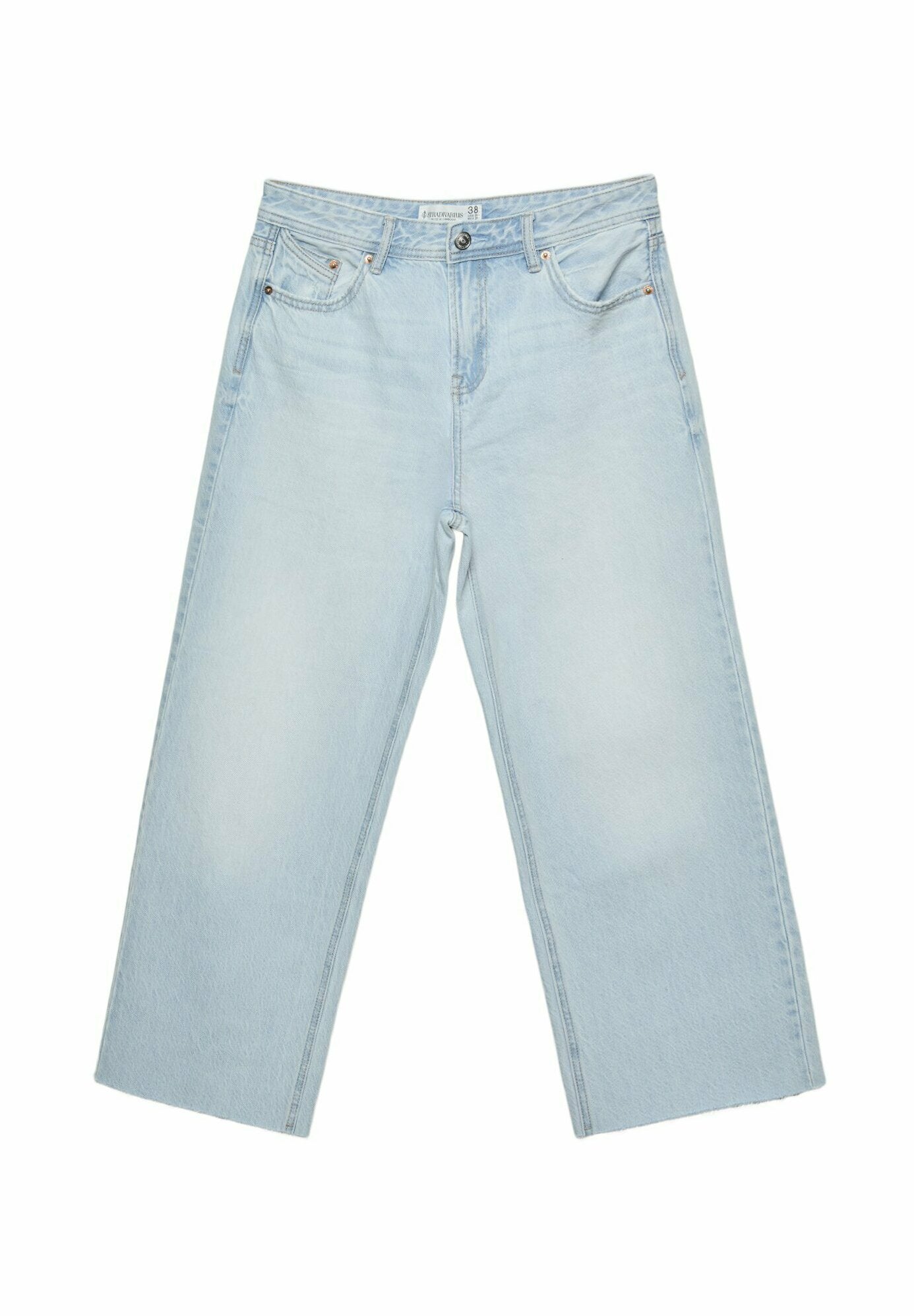 Hellblaue weit geschnittene Jeans aus Denim, mit hoher Taille, fünf Taschen-Design und einem leicht ausgewaschenen Finish.