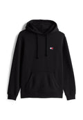 Schwarzer Kapuzenpullover mit Kängurutasche und Kordelzügen. Enthält ein kleines farbiges Logo auf der Brust. Aus weichem Stoff gefertigt.