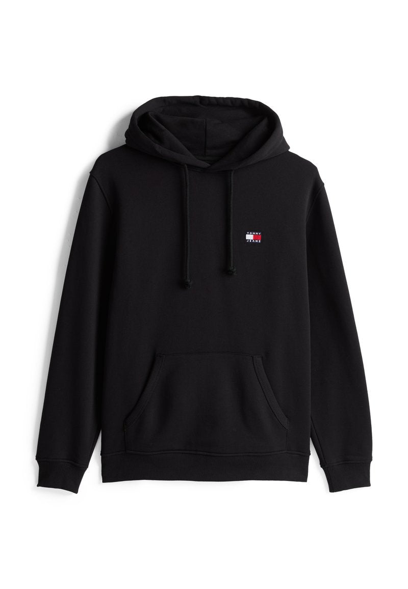 Schwarzer Kapuzenpullover mit Kängurutasche und Kordelzügen. Enthält ein kleines farbiges Logo auf der Brust. Aus weichem Stoff gefertigt.