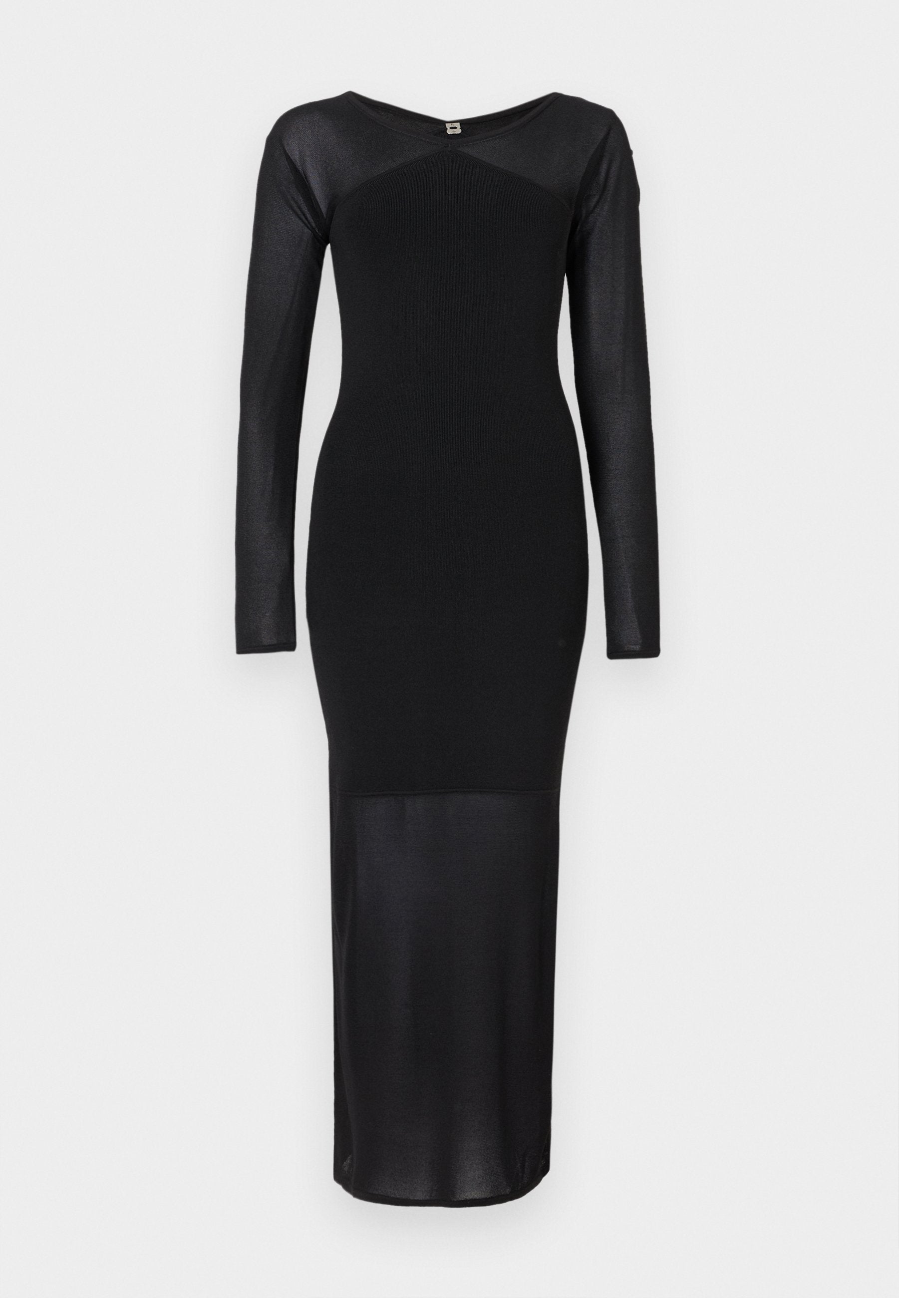 Schwarzes Langarmkleid aus einem glatten, geschmeidigen Stoff. Tailliertes Oberteil mit gerader Silhouette und knöchellangem Saum. Minimalistisches Design.