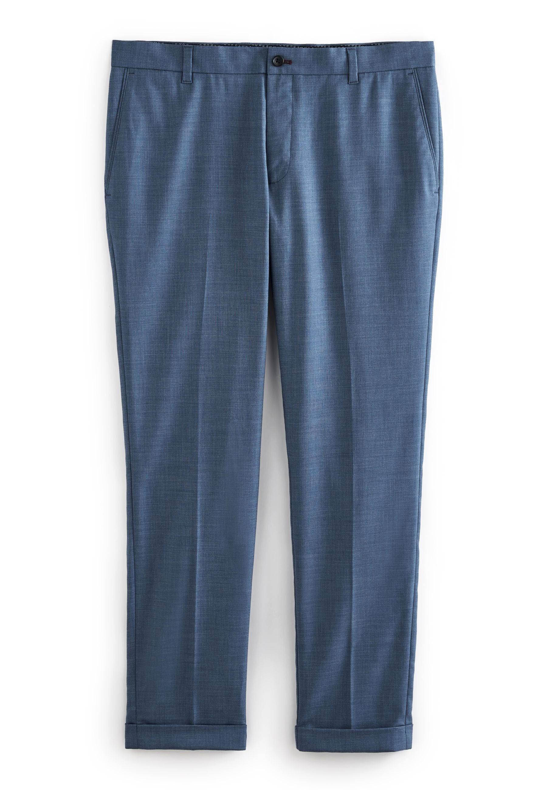 Blaue maßgeschneiderte Hosen aus einem strukturierten Stoff, mit flachem Frontschnitt, zwei Fronttaschen und umschlagenen Säumen.