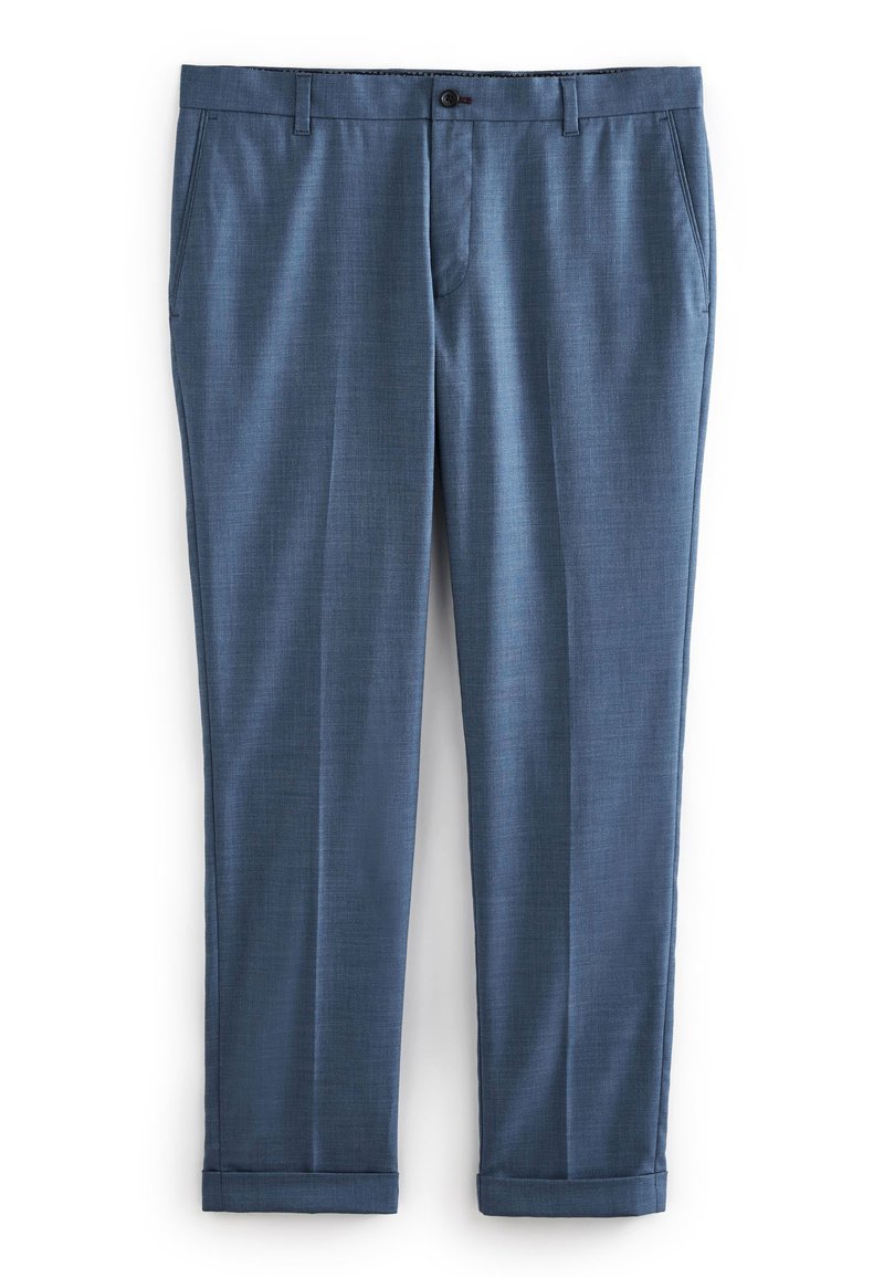 Blaue maßgeschneiderte Hosen aus einem strukturierten Stoff, mit flachem Frontschnitt, zwei Fronttaschen und umschlagenen Säumen.