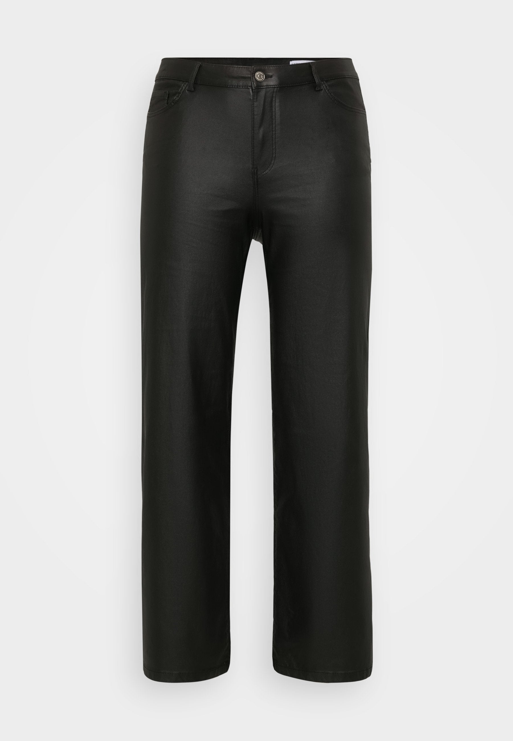 Schwarze, lässig geschnittene Hose aus einem glatten, dehnbaren Stoff. Verfügt über ein traditionelles Fünf-Taschen-Design mit einem Reißverschluss und einem Knopfverschluss.