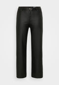 Schwarze, lässig geschnittene Hose aus einem glatten, dehnbaren Stoff. Verfügt über ein traditionelles Fünf-Taschen-Design mit einem Reißverschluss und einem Knopfverschluss.