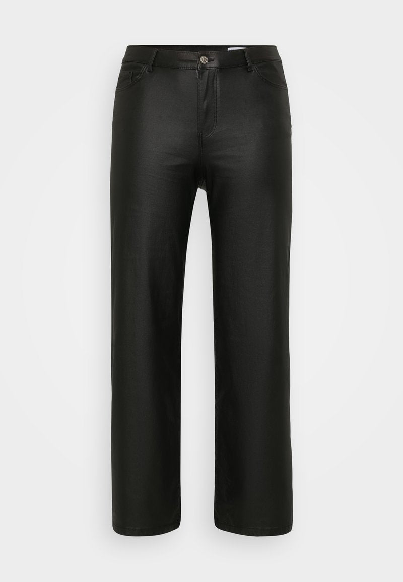 Schwarze, lässig geschnittene Hose aus einem glatten, dehnbaren Stoff. Verfügt über ein traditionelles Fünf-Taschen-Design mit einem Reißverschluss und einem Knopfverschluss.
