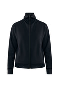 Schwarze Zip-Jacke mit hohem Kragen, langen Ärmeln und gerippten Bündchen, vor einem schlichten weißen Hintergrund präsentiert.