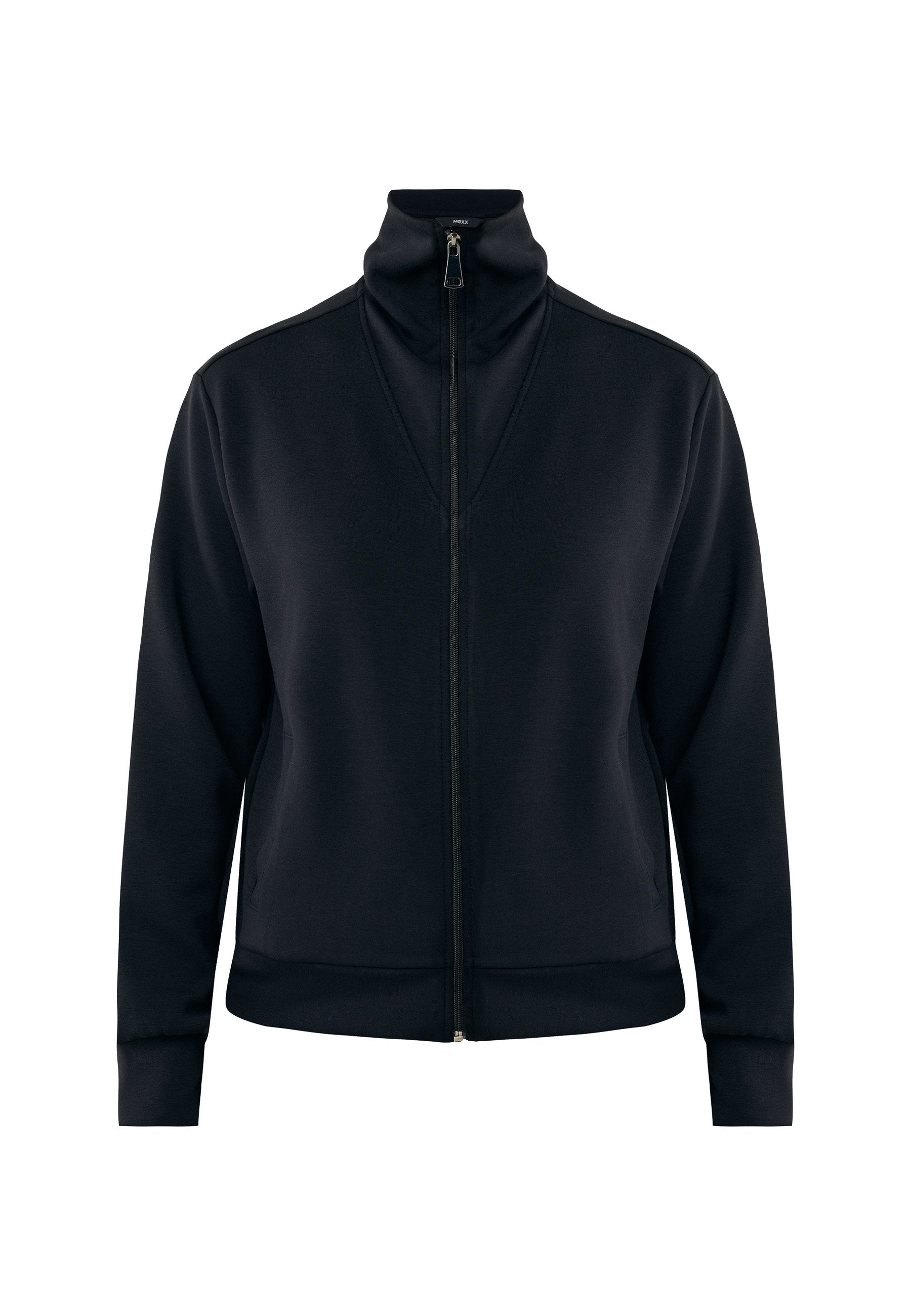 Schwarze Zip-Jacke mit hohem Kragen, langen Ärmeln und gerippten Bündchen, vor einem schlichten weißen Hintergrund präsentiert.