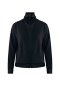 Schwarze Zip-Jacke mit hohem Kragen, langen Ärmeln und gerippten Bündchen, vor einem schlichten weißen Hintergrund präsentiert.
