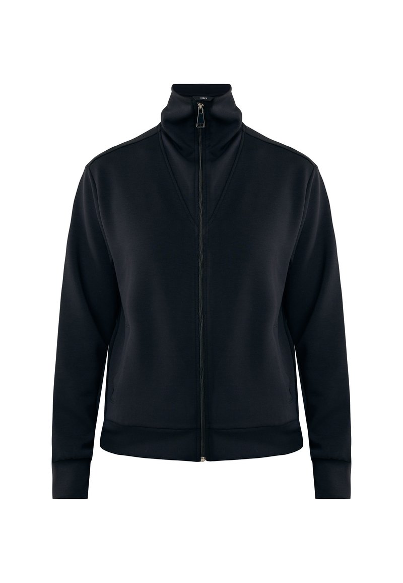 Schwarze Zip-Jacke mit hohem Kragen, langen Ärmeln und gerippten Bündchen, vor einem schlichten weißen Hintergrund präsentiert.