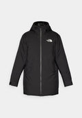 Schwarze Outdoor-Parka mit Reißverschluss vorne, verstellbarem Kapuze und zwei Seitentaschen. Mit einem Logo auf der Brust und elastischen Bündchen. Wasserfestes Material.