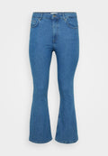 Ausgestellte blaue Jeans aus Denim mit hoher Taille, die über fünf Taschen, einen Reißverschluss und eine Steppnaht entlang der Nähte verfügt.