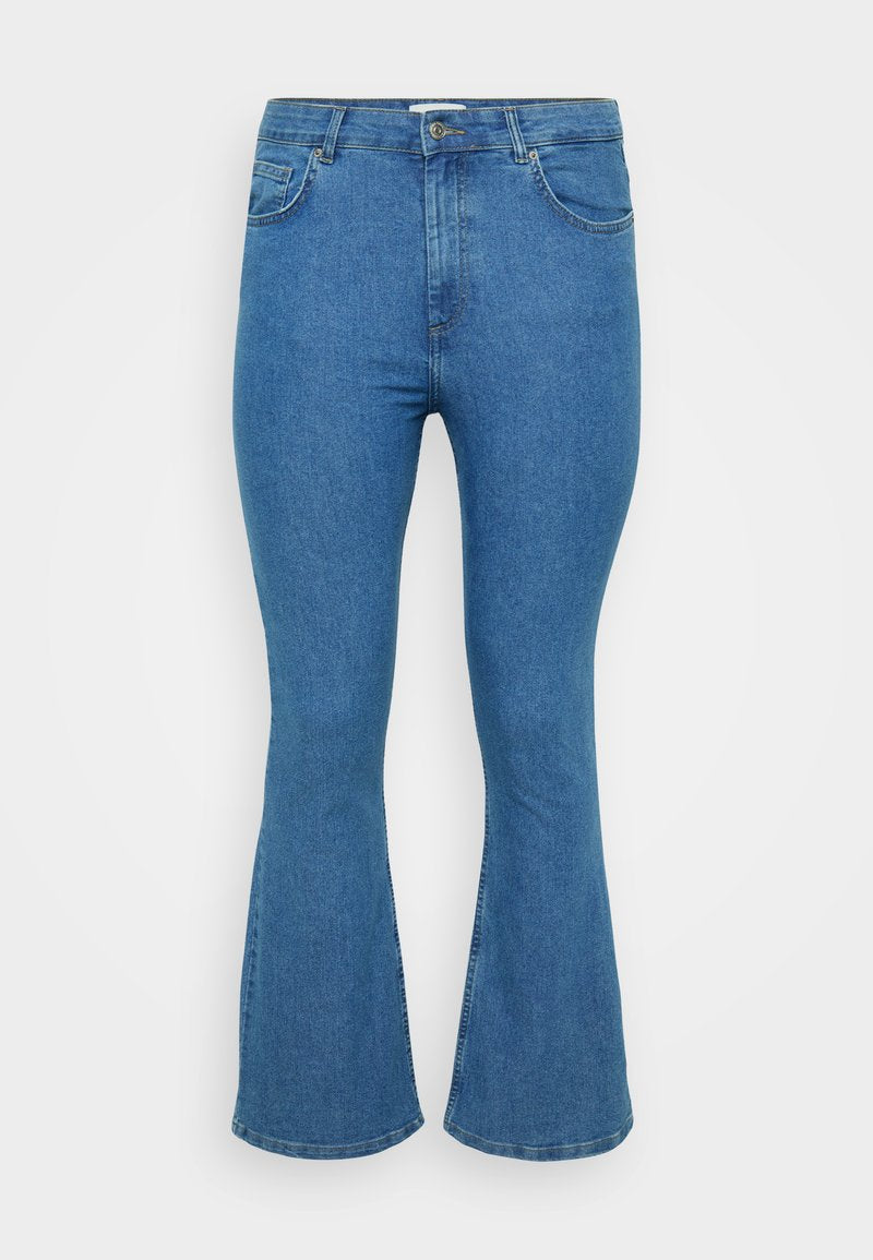 Ausgestellte blaue Jeans aus Denim mit hoher Taille, die über fünf Taschen, einen Reißverschluss und eine Steppnaht entlang der Nähte verfügt.