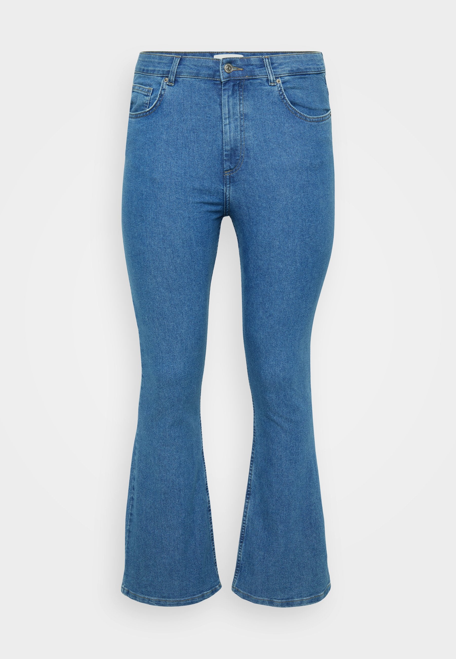 Ausgestellte blaue Jeans aus Denim mit hoher Taille, die über fünf Taschen, einen Reißverschluss und eine Steppnaht entlang der Nähte verfügt.