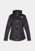 Schwarze wasserdichte Jacke mit Kapuze, Reißverschluss vorne, verstellbaren Kordeln und zwei mit Reißverschluss versehenen Seitentaschen. Mit einem Logo auf der Brust.
