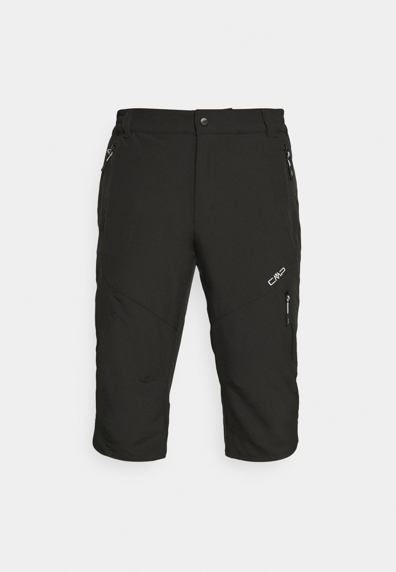 Schwarze knielange Hose aus Stretchstoff, mit Reißverschlusstaschen an den Seiten und einem kleinen Logo auf der Vorderseite. Glatte Textur und taillierte Passform.