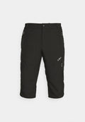 Schwarze knielange Hose aus Stretchstoff, mit Reißverschlusstaschen an den Seiten und einem kleinen Logo auf der Vorderseite. Glatte Textur und taillierte Passform.