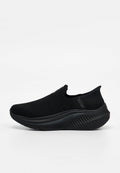 Schwarzer Slip-On-Sneaker mit gestricktem Obermaterial, dicker gepolsterter Sohle und "Arch Fit"-Logo auf der Zwischensohle, entwickelt für Komfort und Unterstützung.