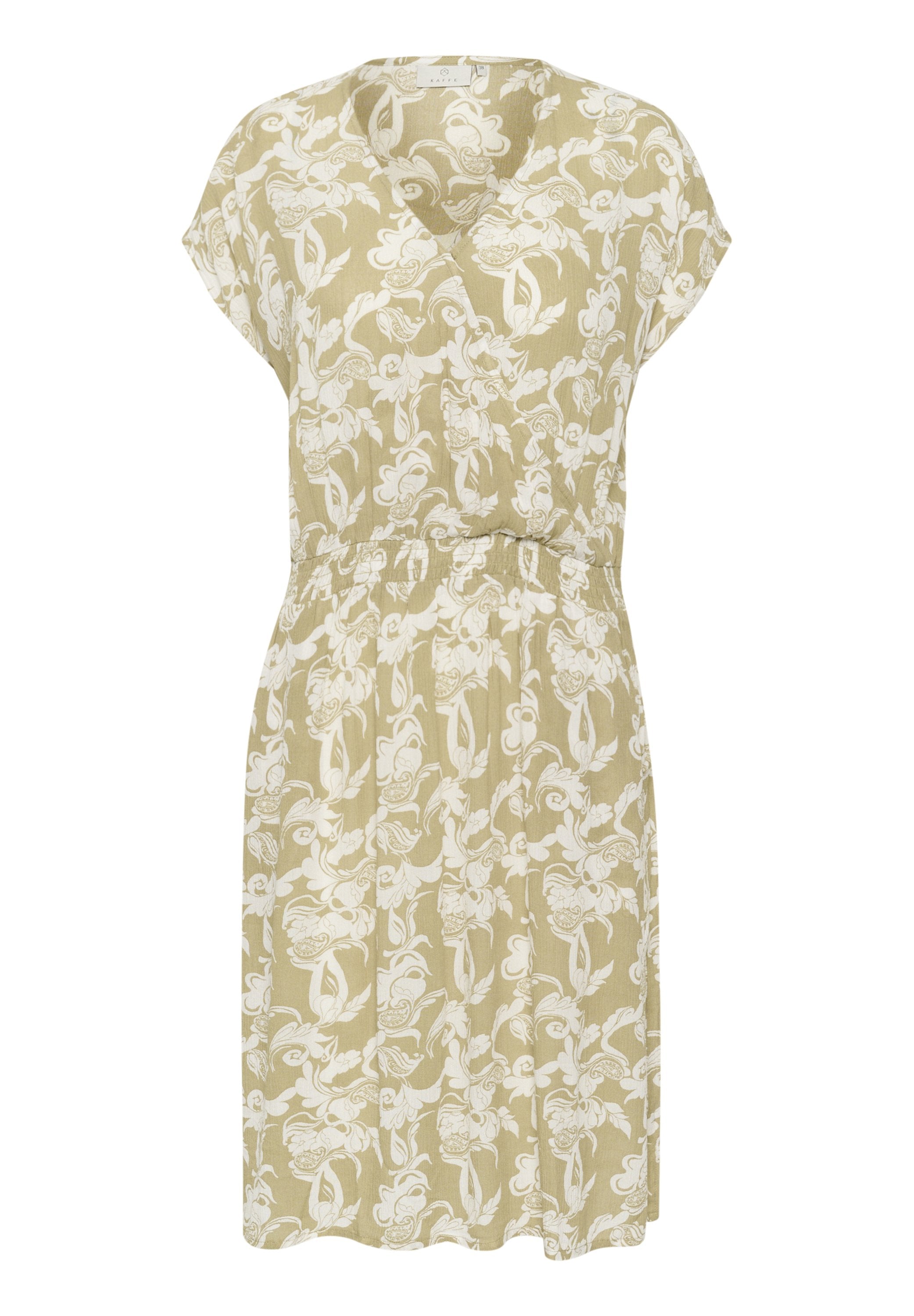 Hellgrünes Kleid mit kurzen Ärmeln, das ein durchgehendes weißes Blumenmuster aufweist und einen elastischen Bund für eine lockere Passform hat.