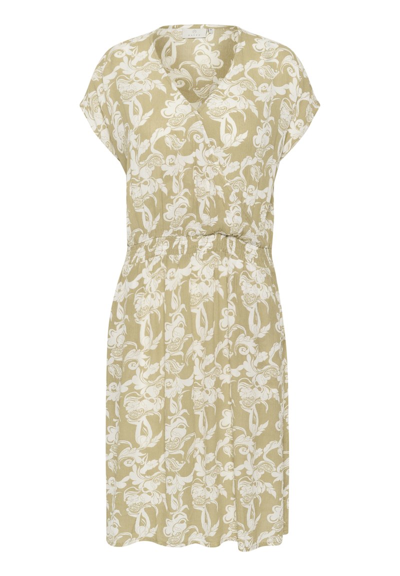 Hellgrünes Kleid mit kurzen Ärmeln, das ein durchgehendes weißes Blumenmuster aufweist und einen elastischen Bund für eine lockere Passform hat.