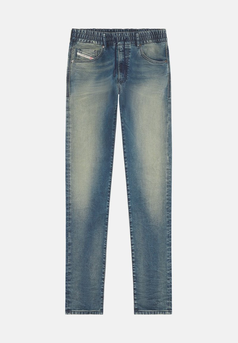Blaue, ausgebleichte Denimjeans mit elastischem Bund, Kordelzug, Fronttaschen und einem kleinen Markenetikett an der rechten Tasche.