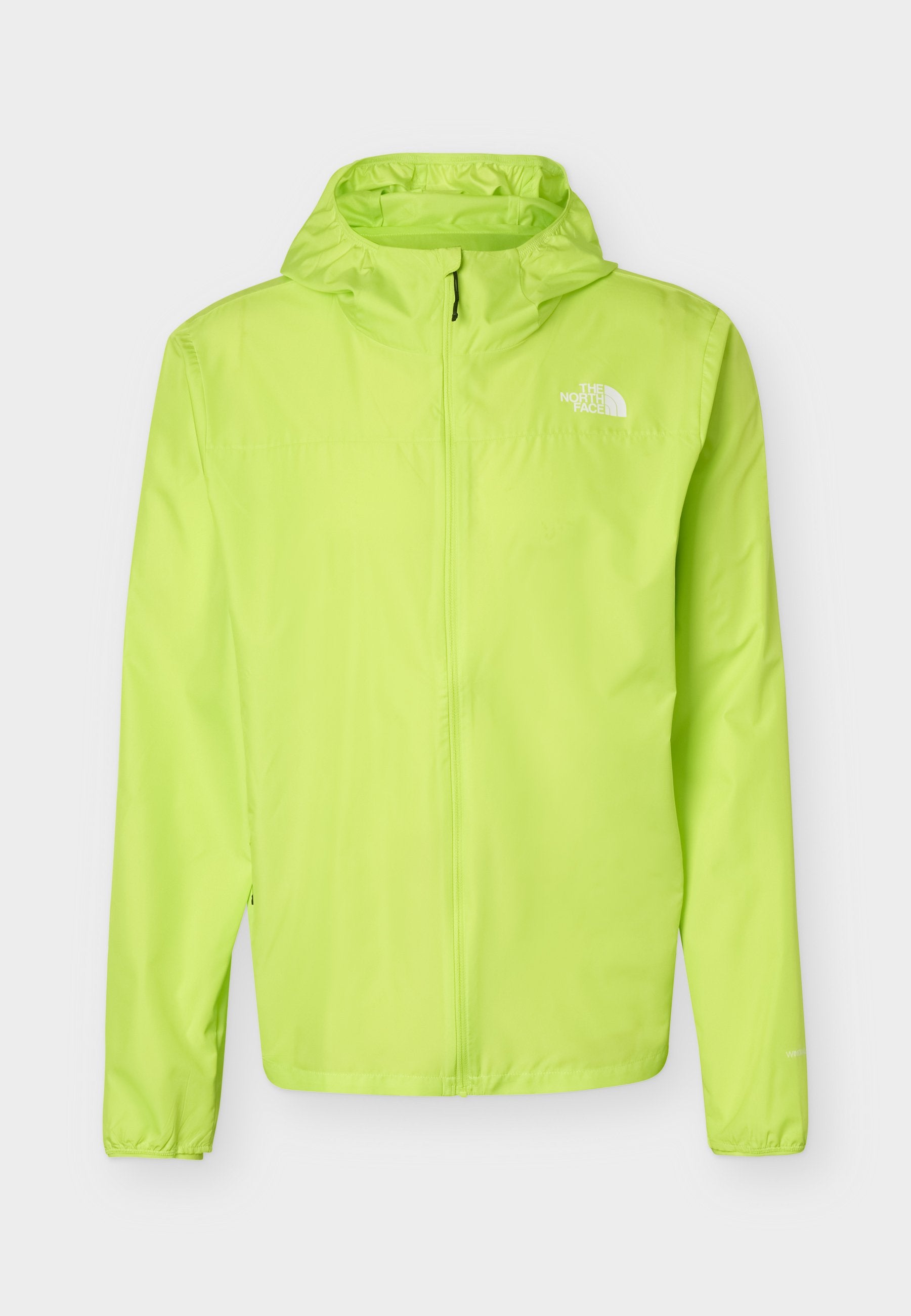 Helles limettengrünes, leichtes Kapuzenjacke mit durchgehendem Reißverschluss vorne und weißem The North Face-Logo auf der linken Brust.