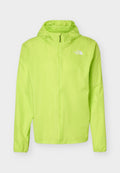 Helles limettengrünes, leichtes Kapuzenjacke mit durchgehendem Reißverschluss vorne und weißem The North Face-Logo auf der linken Brust.
