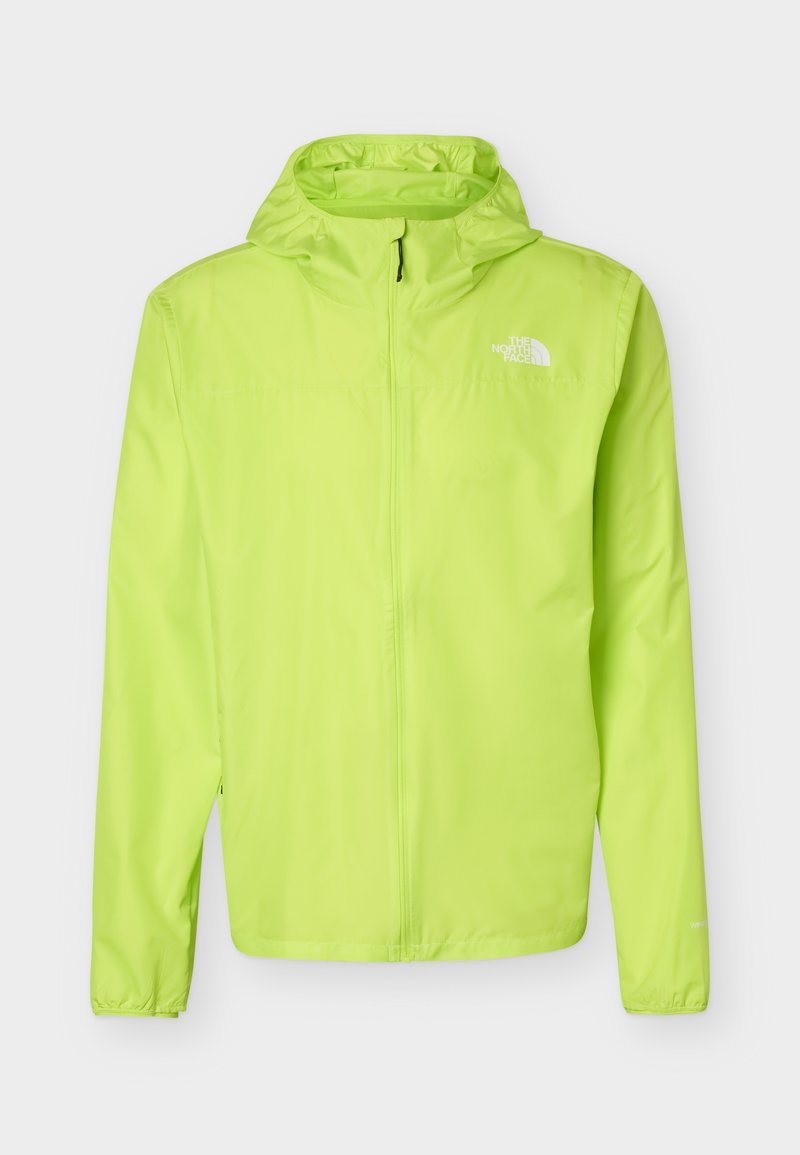 Helles limettengrünes, leichtes Kapuzenjacke mit durchgehendem Reißverschluss vorne und weißem The North Face-Logo auf der linken Brust.