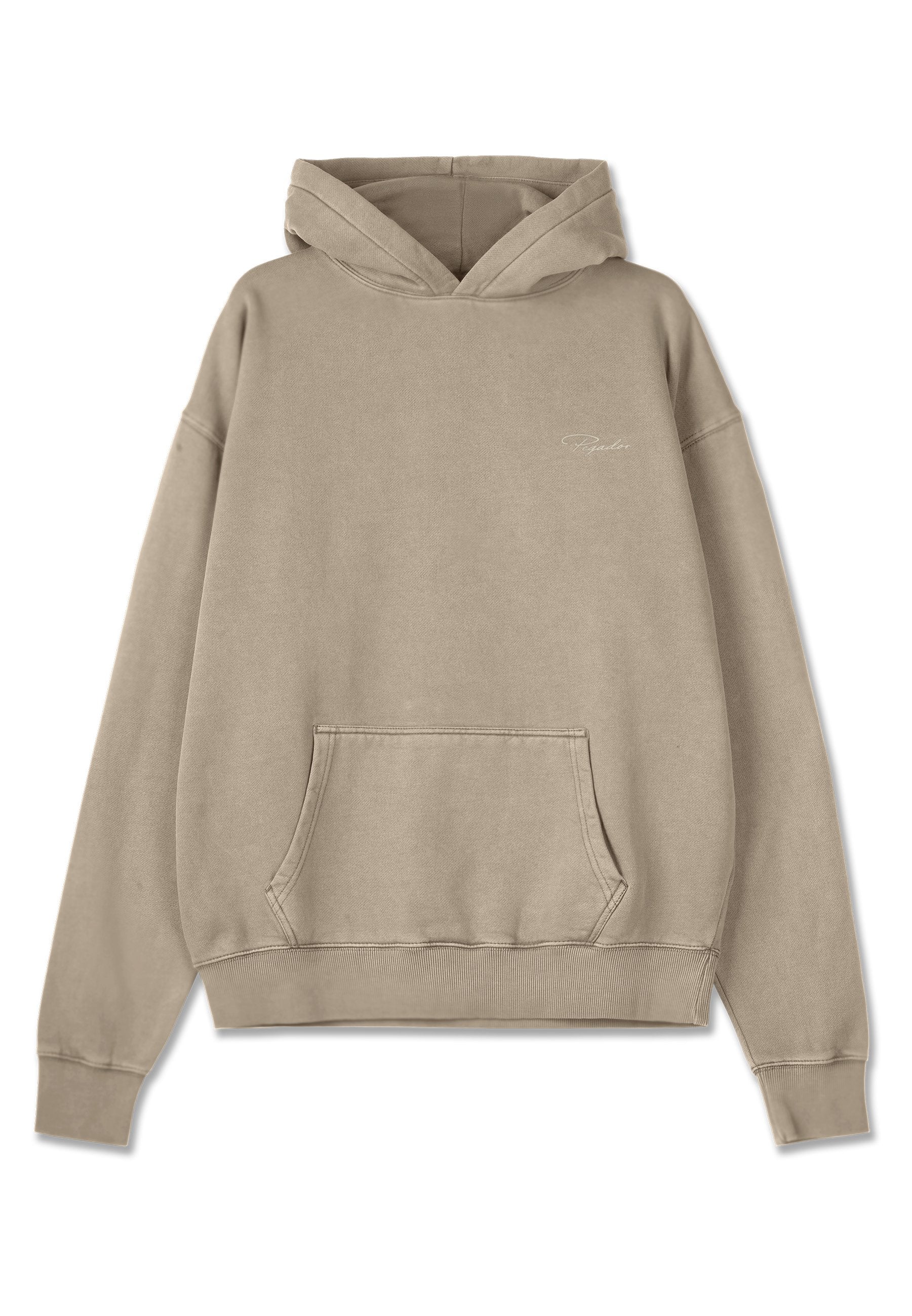 Tannfarbener Kapuzenpullover mit einer Fronttasche, gerippten Bündchen und Saum. Aus weichem Material gefertigt, mit einem dezenten Logo auf der Brust.