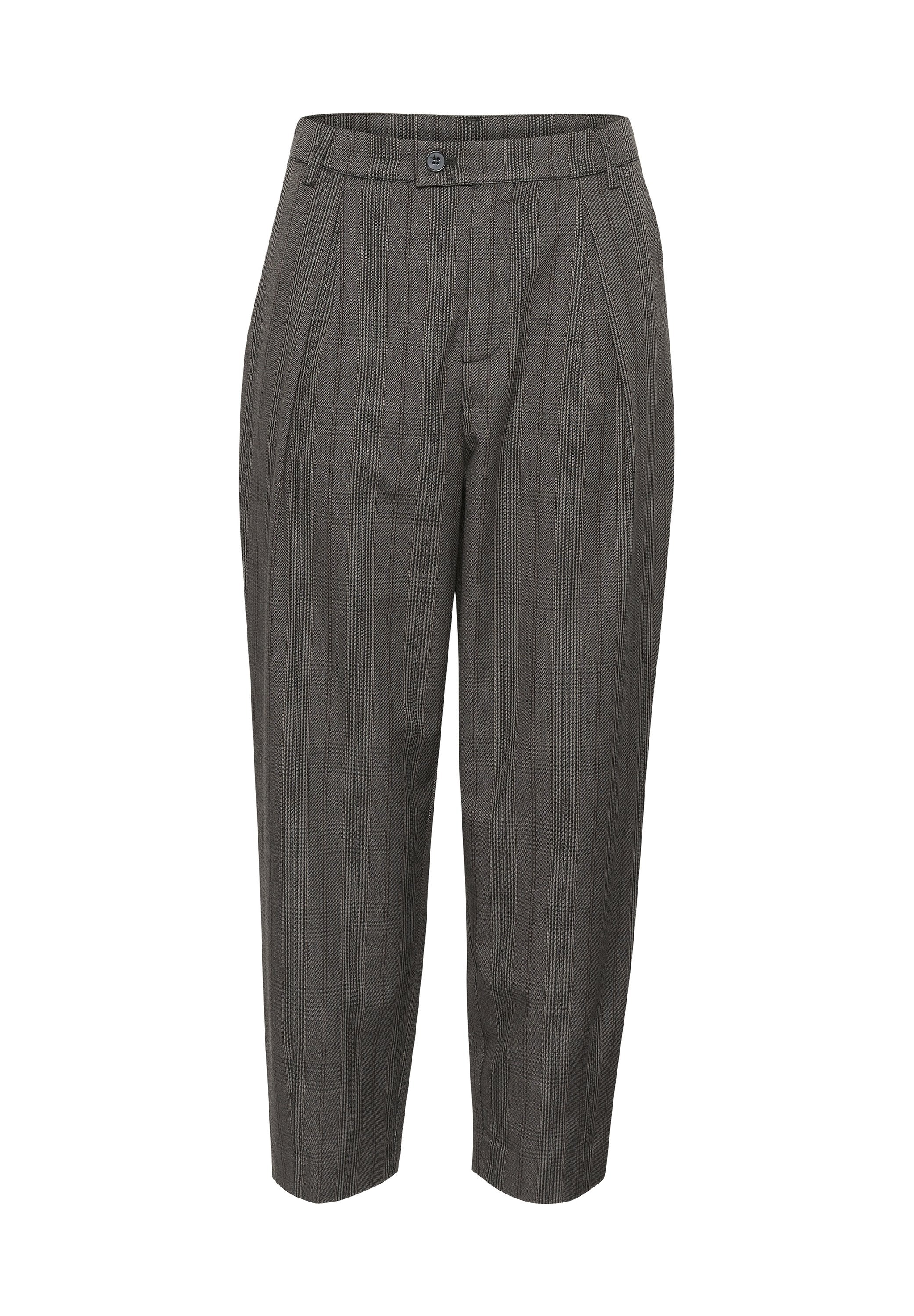 Graue karierte Hose mit hoher Taille, Falten, einem einzelnen Knopfverschluss und schmal zulaufenden Beinen. Das Material wirkt glatt und hat eine leichte Textur.