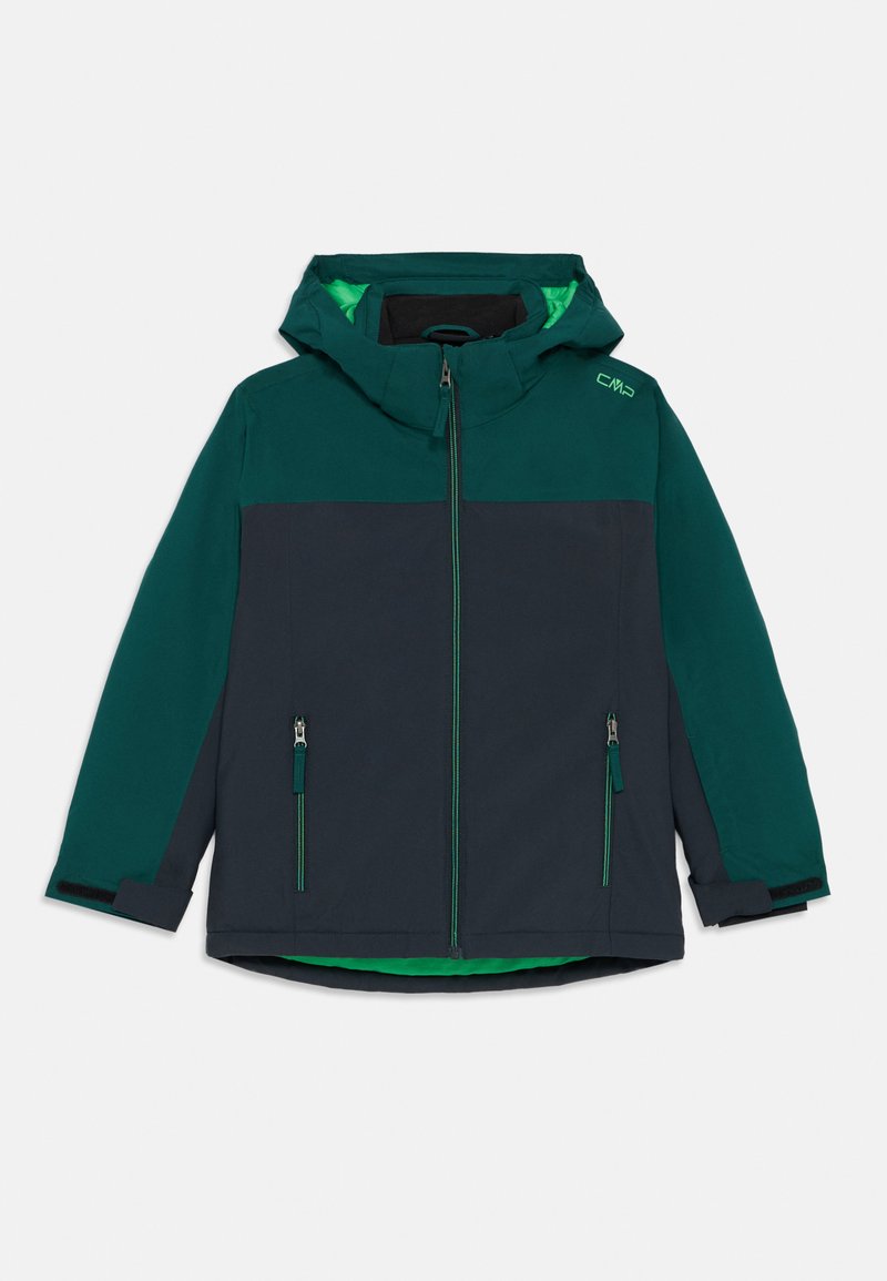 Zweifarbige Jacke in Dunkelblau und Dunkelgrün, mit Kapuze, vorne mit Reißverschluss, zwei Seitentaschen und grünen Akzentdetails.