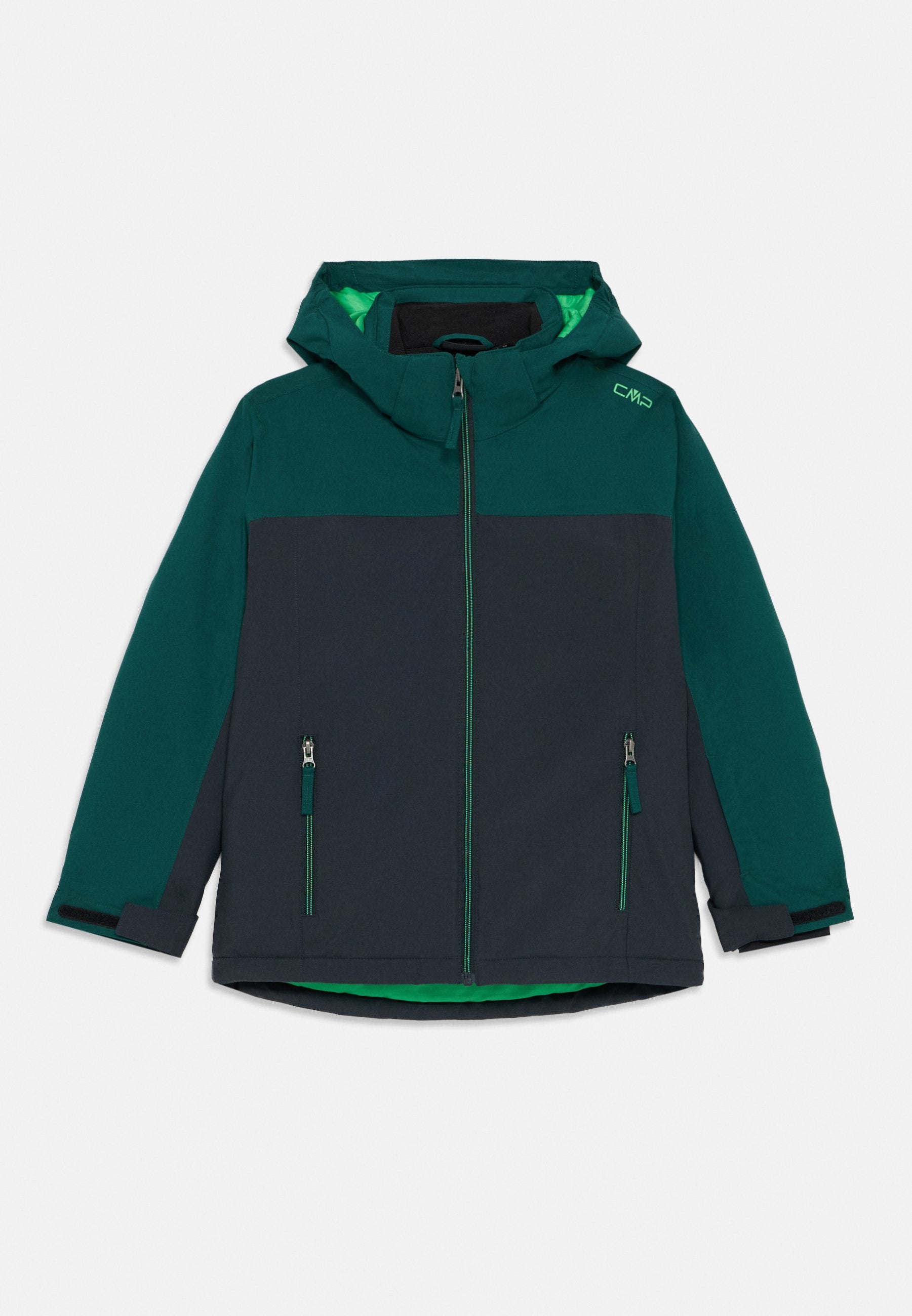 Zweifarbige Jacke in Dunkelblau und Dunkelgrün, mit Kapuze, vorne mit Reißverschluss, zwei Seitentaschen und grünen Akzentdetails.