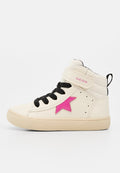 Weißer High-Top-Sneaker mit schwarzen Schnürsenkeln, einem pinken Stern an der Seite, beiger Sohle und einem Klettverschluss mit der Aufschrift GEOX auf schlichtem Hintergrund.