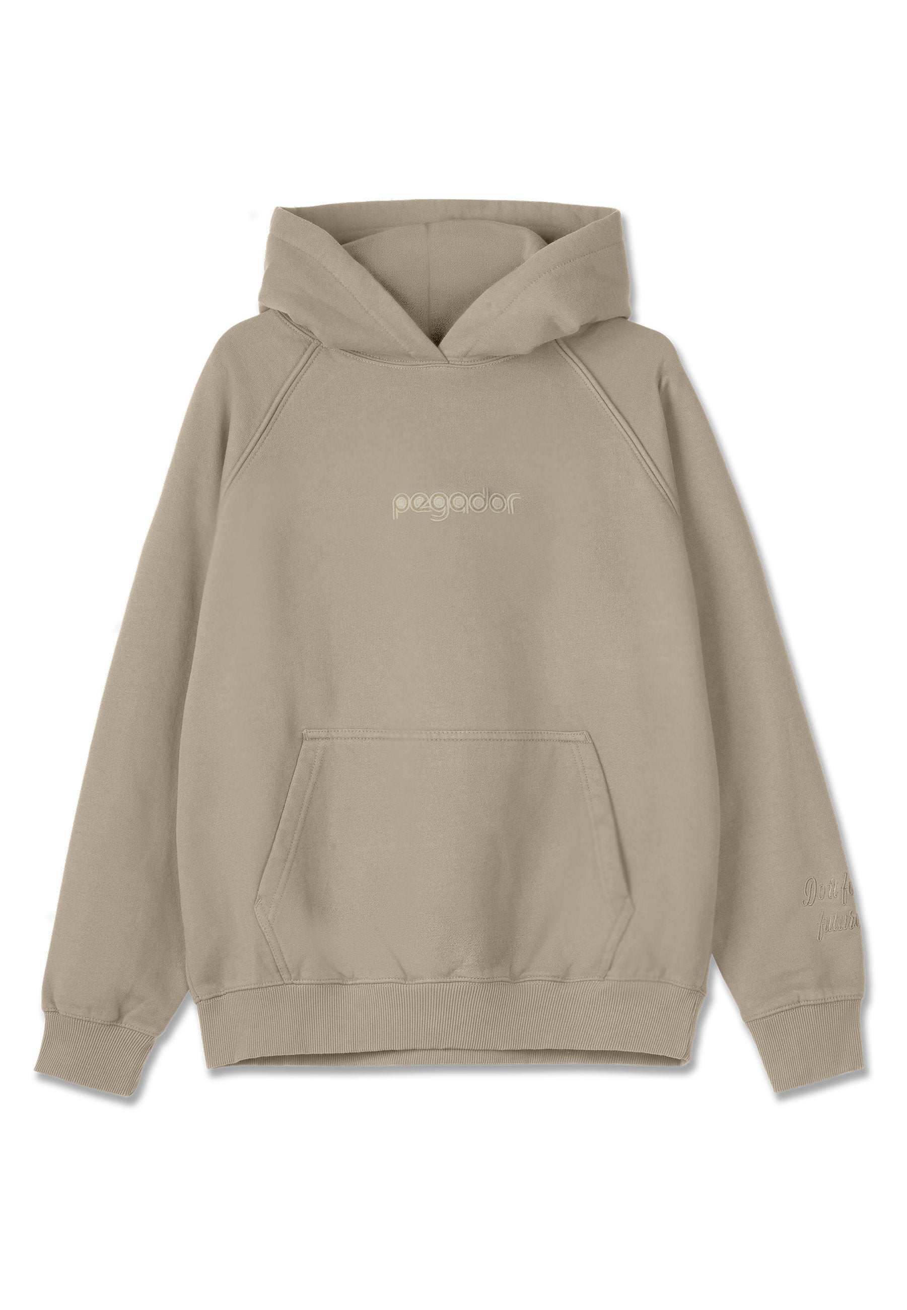 Beige Kapuzenpullover mit Kängurutasche, Kordelzugkapuze und gerippten Bündchen. Auf der Vorderseite und dem Ärmel befindet sich eine dezente Logo-Stickerei.