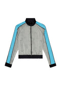 Graue Bomberjacke mit blauen und schwarzen Akzenten, Reißverschluss vorne, gerippte Bündchen und Saum, glatte Textur und seitliche Taschen.